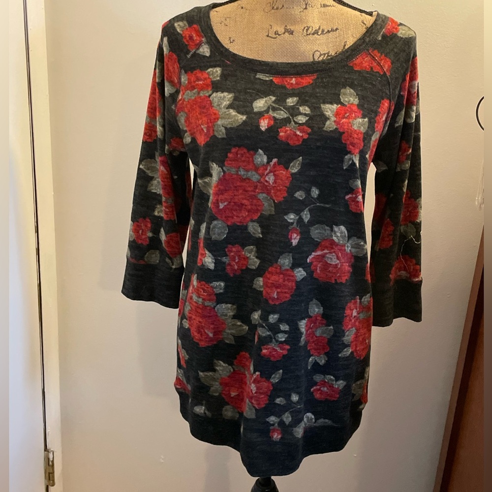 No Boundaries Charcoal Long Sleeve Top with Red Rose Print